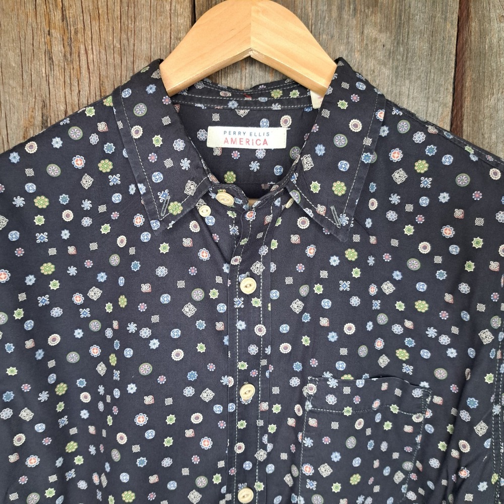 Eclectic Grandpa Indie Boho Geometric Print Perry Ellis Men's L Button Down